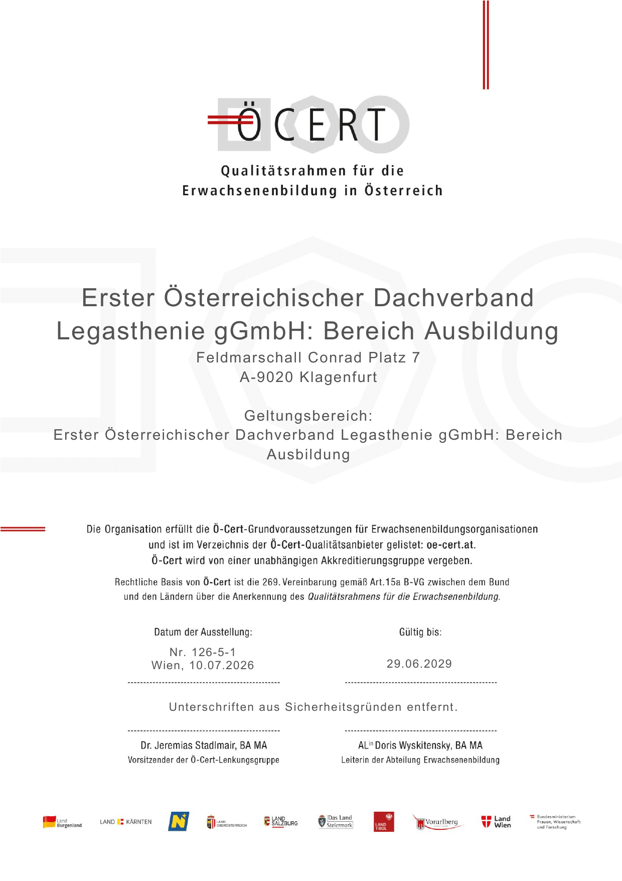 Ö-Cert Zertifikat: EÖDL gGmbH Bereich Ausbildung, ausgestellt 10.07.2026, gültig bis 29.06.2029