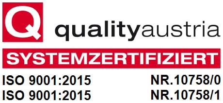 Quality Austria Siegel: systemzertifiziert nach ISO 9001:2015, Nr. 10758/0